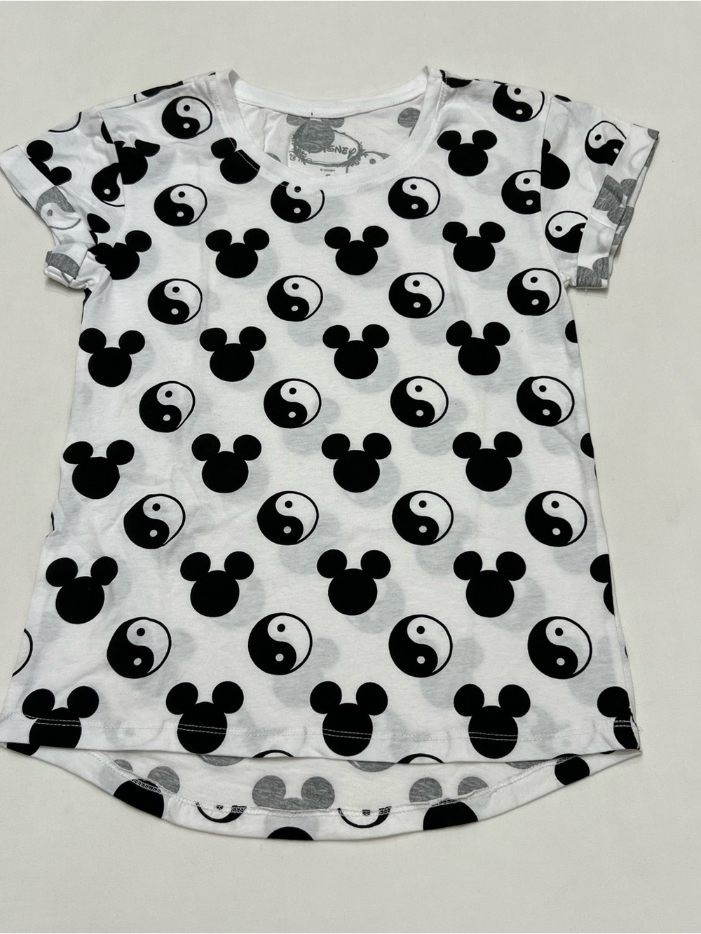 Disney Mickey Mouse Yin Yang Print Crew T Shirt Sz Small Thin Black/White